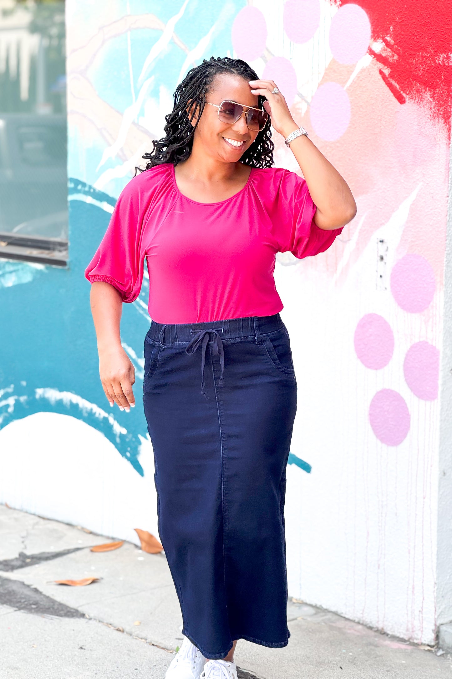 Harper Drawstring Dark Denim Midi Skirt