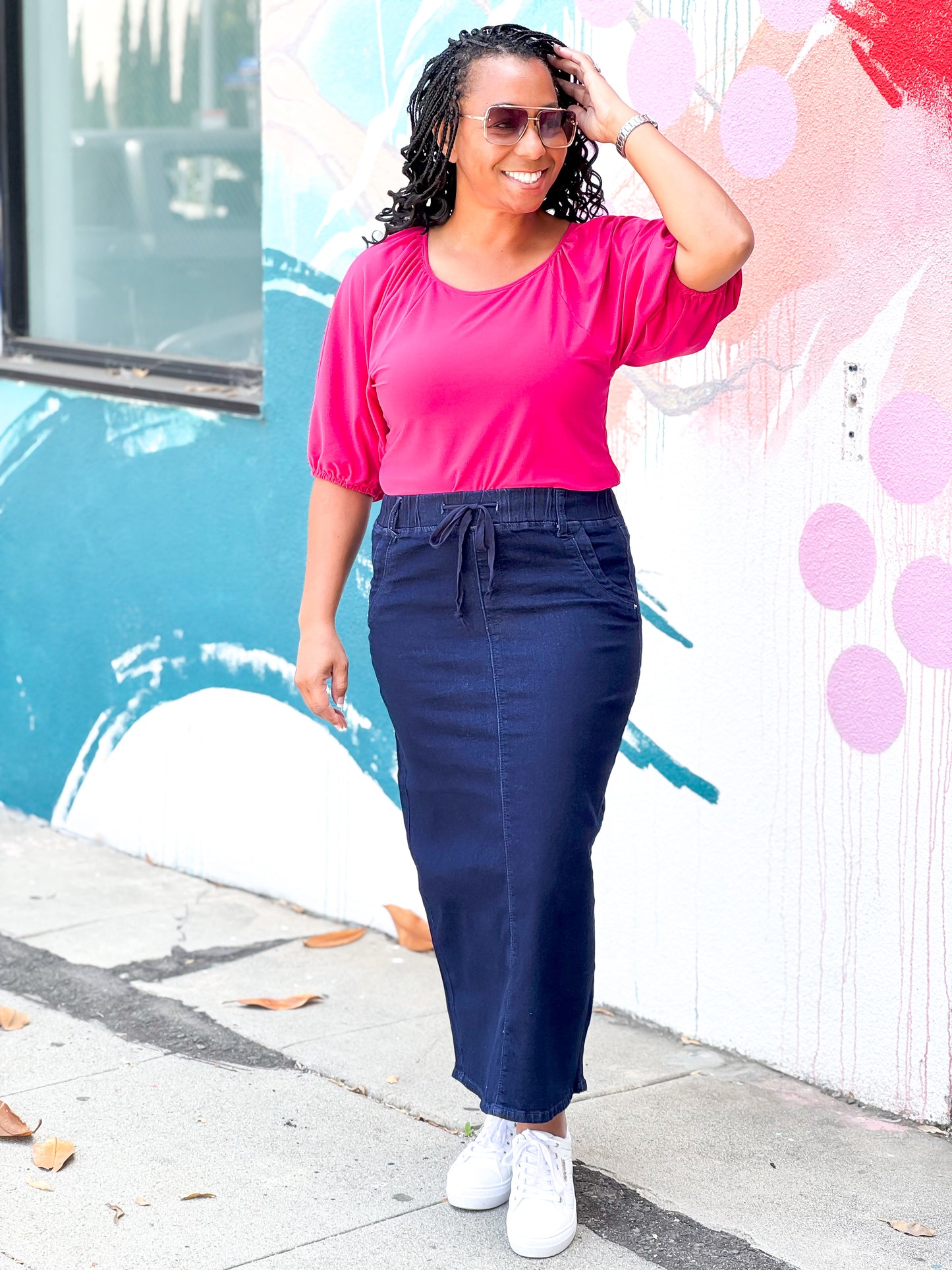 Harper Drawstring Dark Denim Midi Skirt