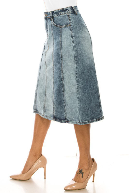 Two-Tone Wash Panel Denim Skirt