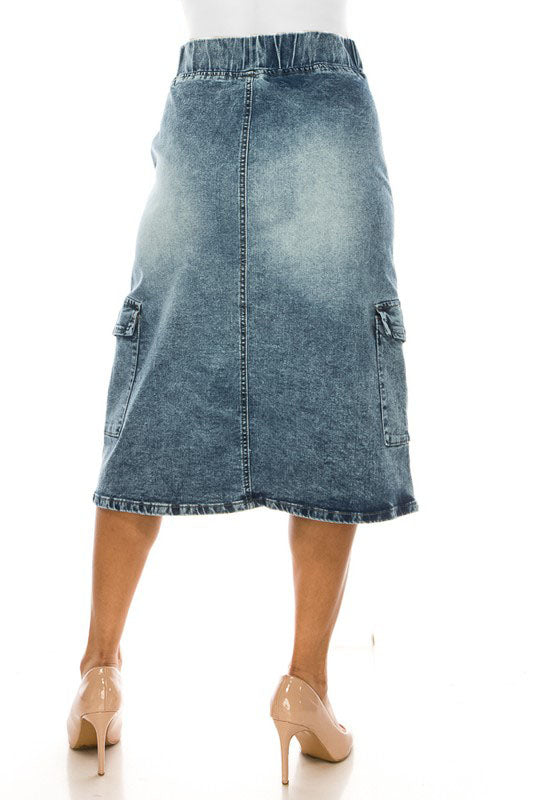 Snow Washed Cargo Denim Skirt
