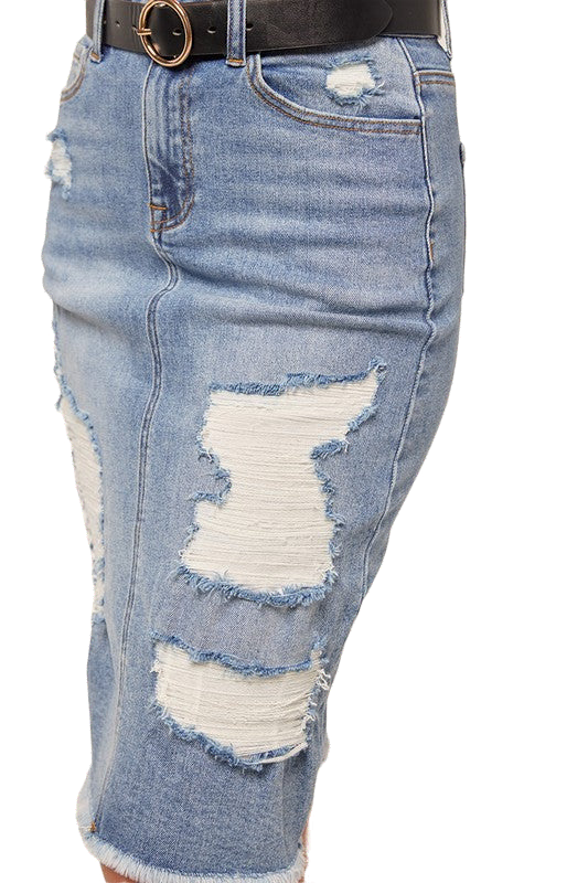 TR Knee Length Distressed Stretch Denim Skirt