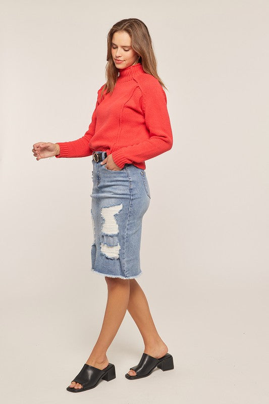 TR Knee Length Distressed Stretch Denim Skirt