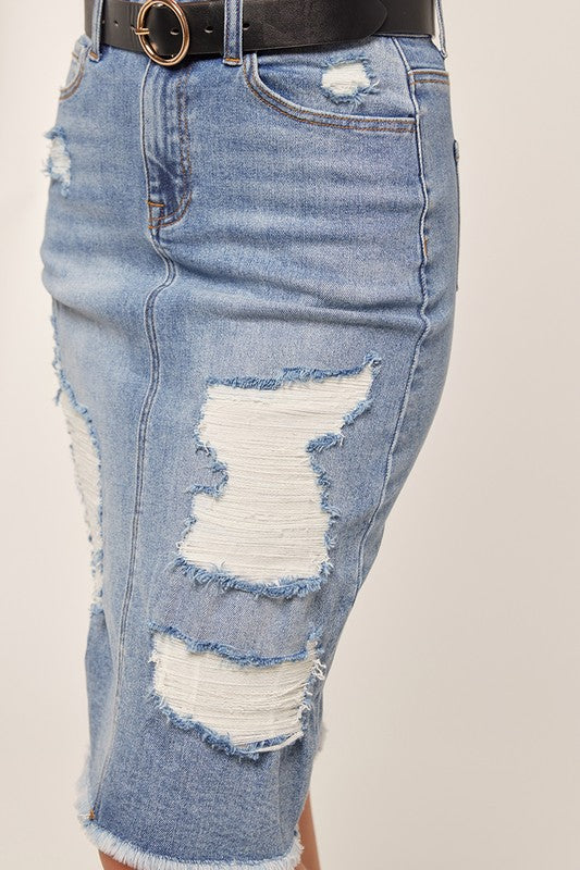 TR Knee Length Distressed Stretch Denim Skirt