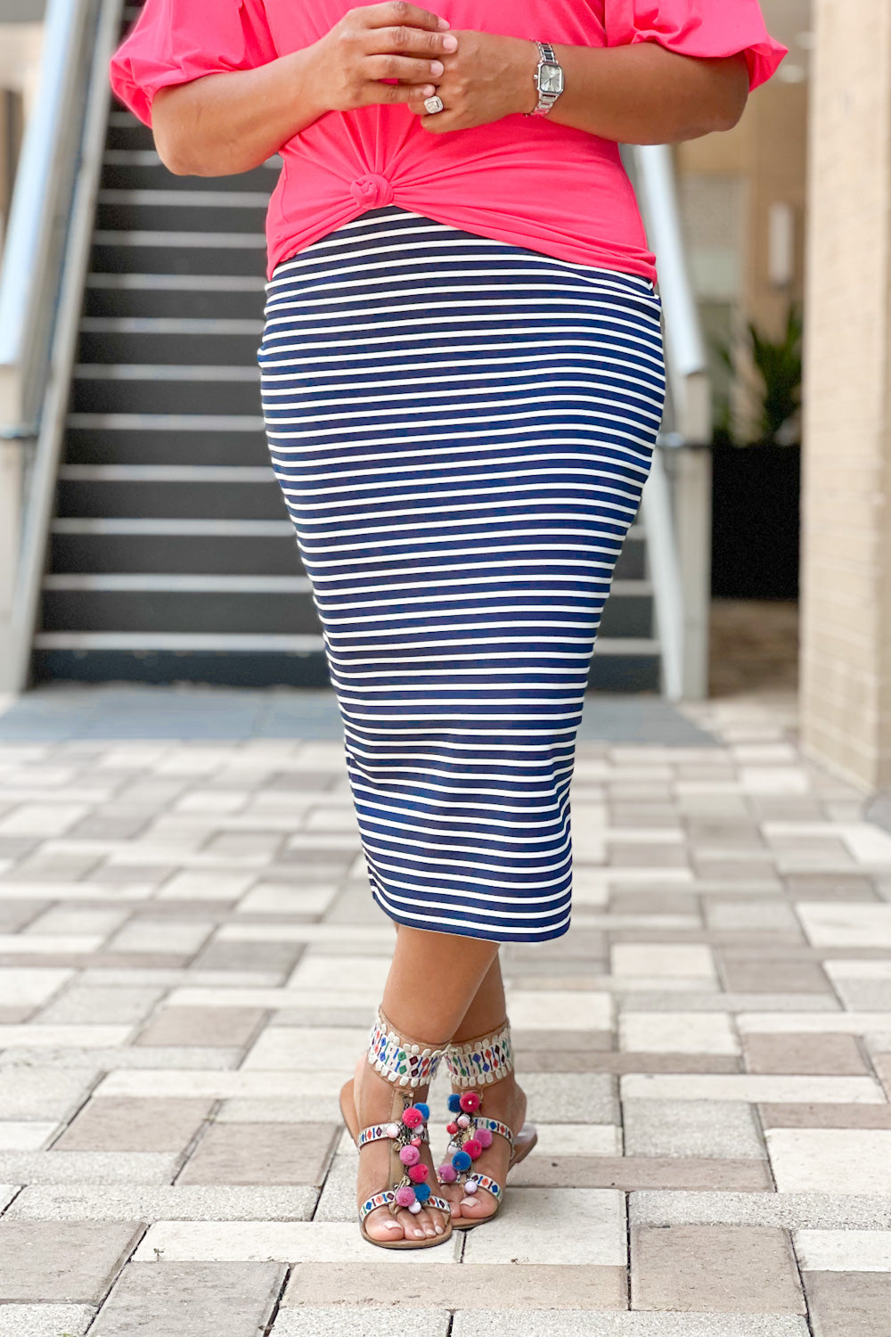 Basic Riley Midi in Navy & White Stripe Skirt