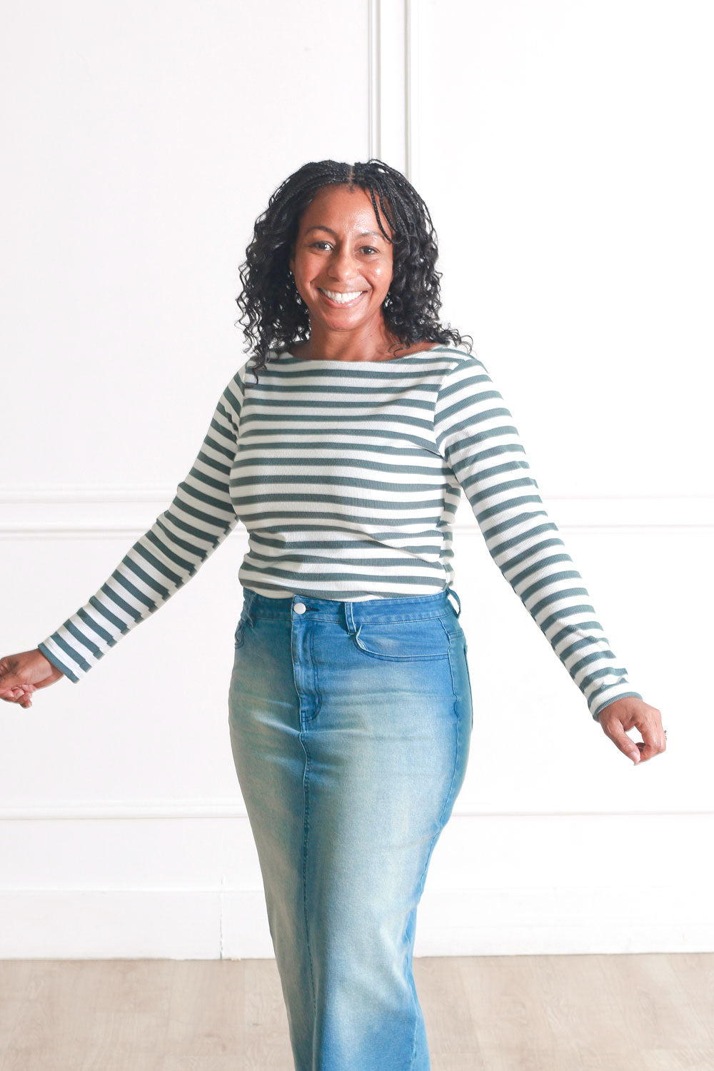 Lauren Long Sleeve Tee in Sage Stripe