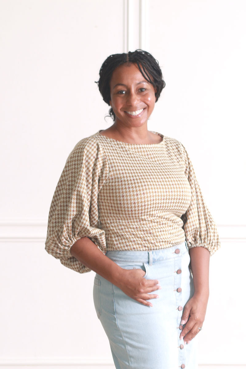 Kennedy Puff Sleeve in Camel Houndstooth