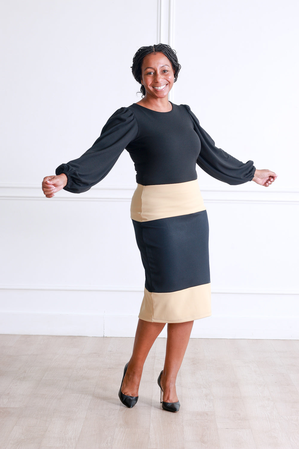 Riley Skirt in Black & Camel Color-Block
