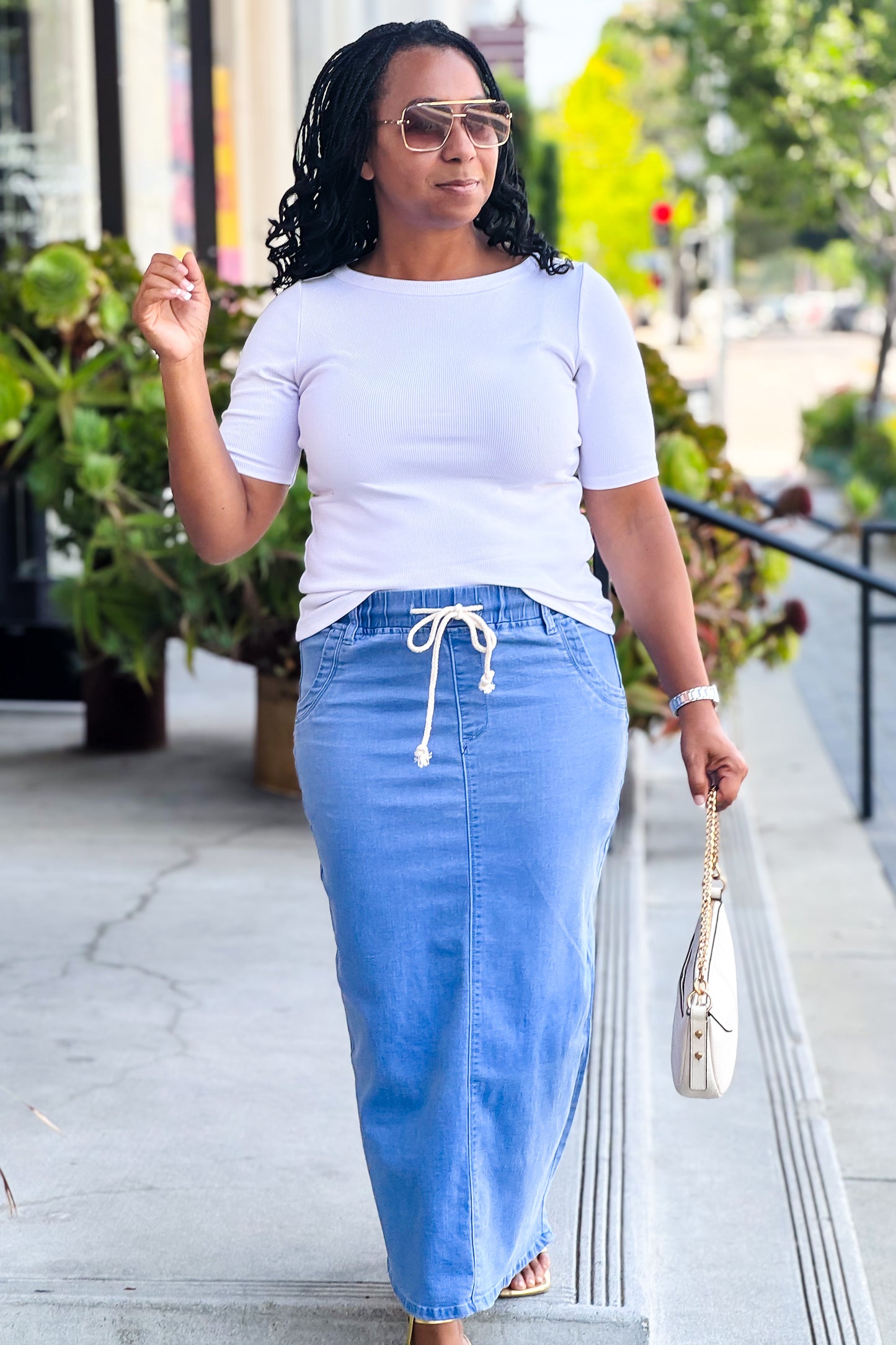 Harper Drawstring Light Denim Midi Skirt