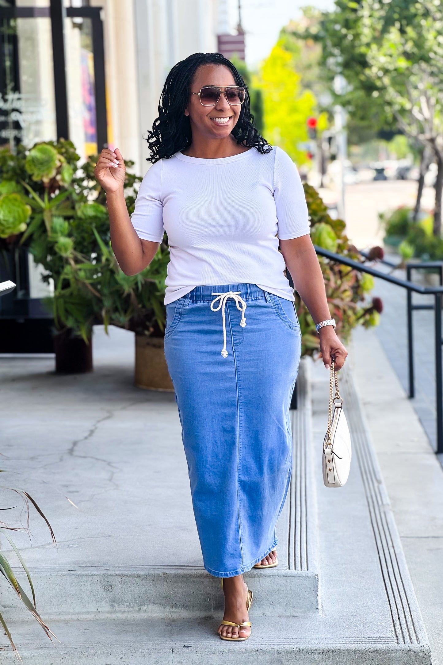 Harper Drawstring Light Denim Midi Skirt