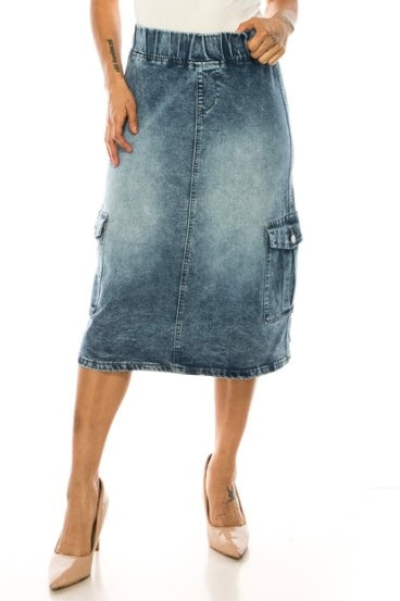 Snow Washed Cargo Denim Skirt