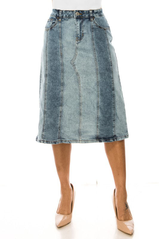 Two-Tone Wash Panel Denim Skirt