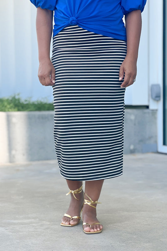 Basic Riley Midi in Black & White Stripe Skirt