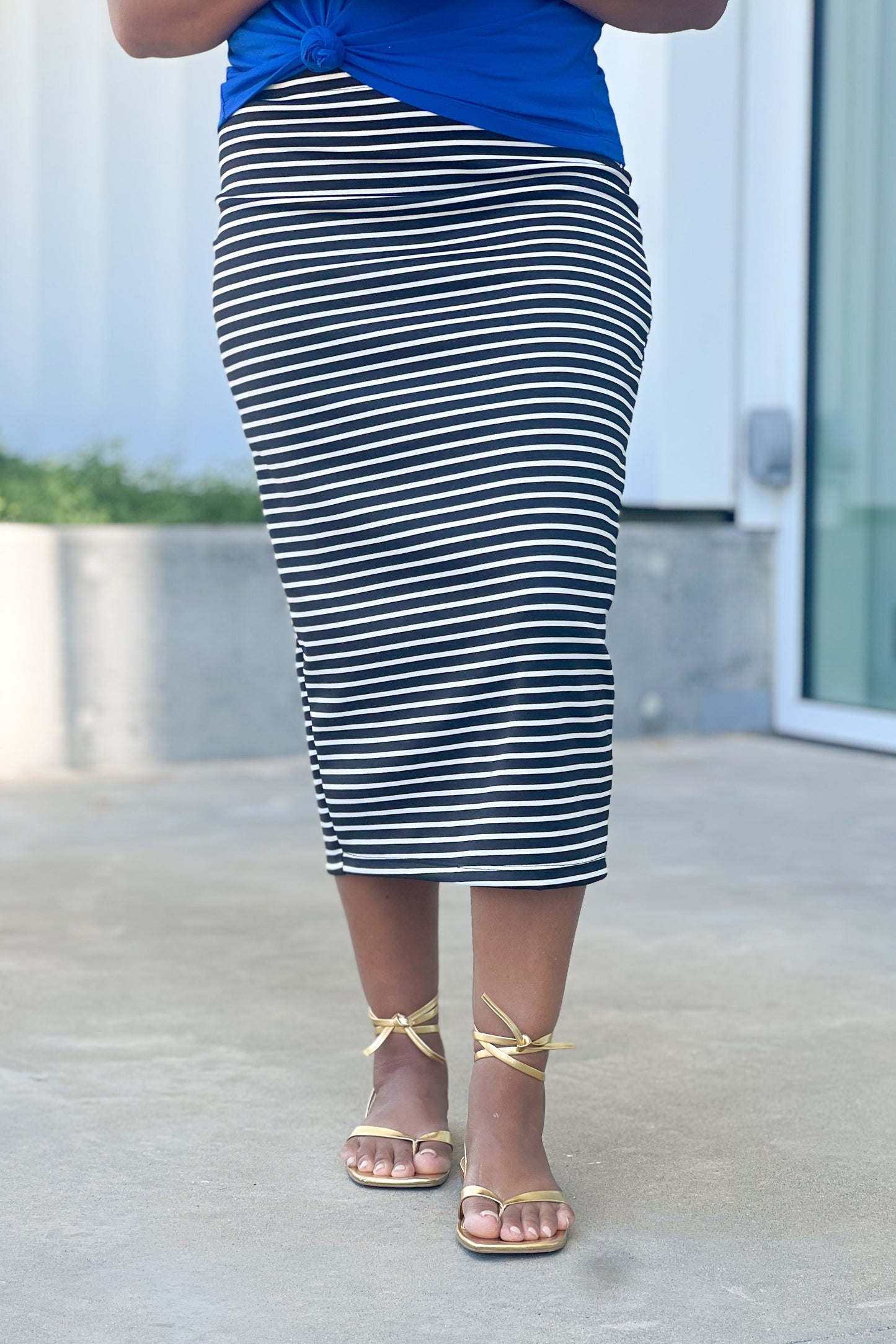 Basic Riley Midi in Black & White Stripe Skirt