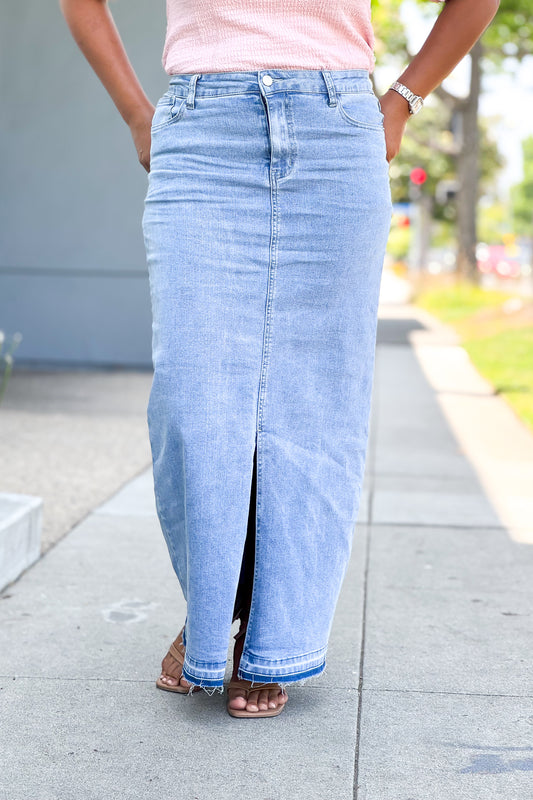 Tabitha Maxi Light Distressed Denim Skirt