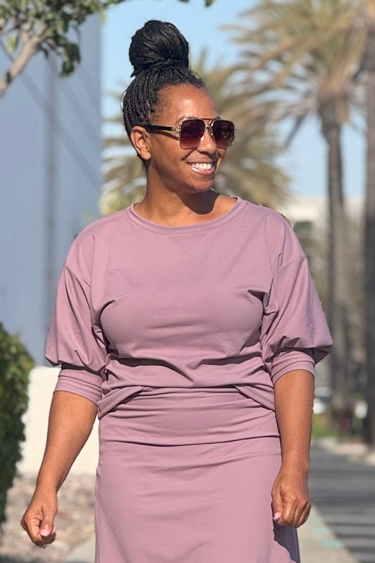 'Ava' Mauve Athleisure Puff Sleeve Top