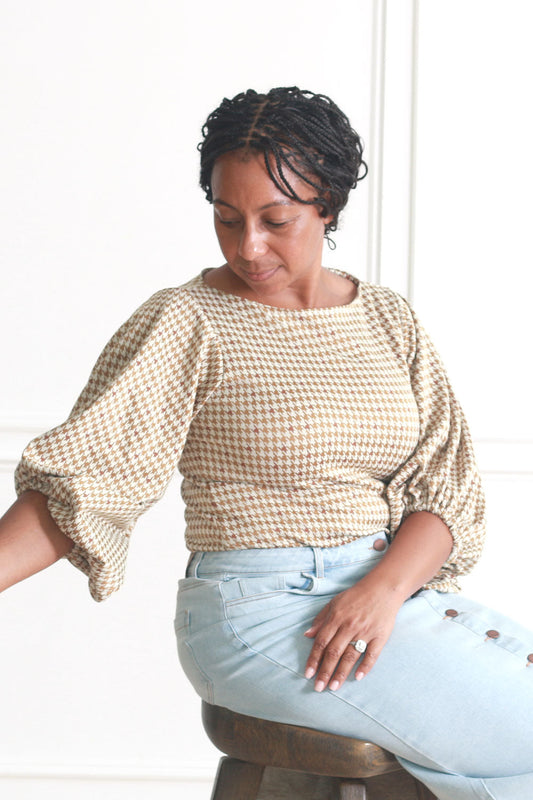 Kennedy Puff Sleeve in Camel Houndstooth